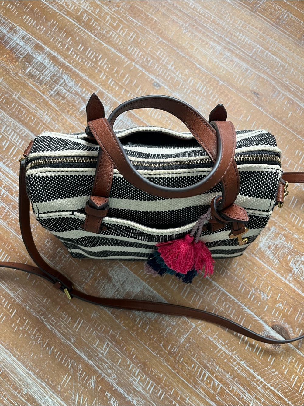 Fossil Black & Cream Striped Crossbody with Multicolor Tassel - Picture 3 of 6
